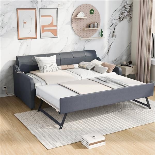 Twin Size Upholstery DayBed with Trundle and USB Charging Design,Trundle can be flat or erected,Gray Twin Size Upholstery DayBed with Trundle and USB Charging Design,Trundle can be flat or erected,Gray