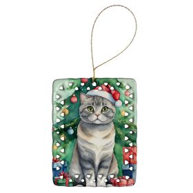 Scottish Fold Cat By the Christmas Tree Porcelain Ornament Christmas Tree Hanging Decorations for Home Christmas Holiday, Rectangle, Gift, Multic