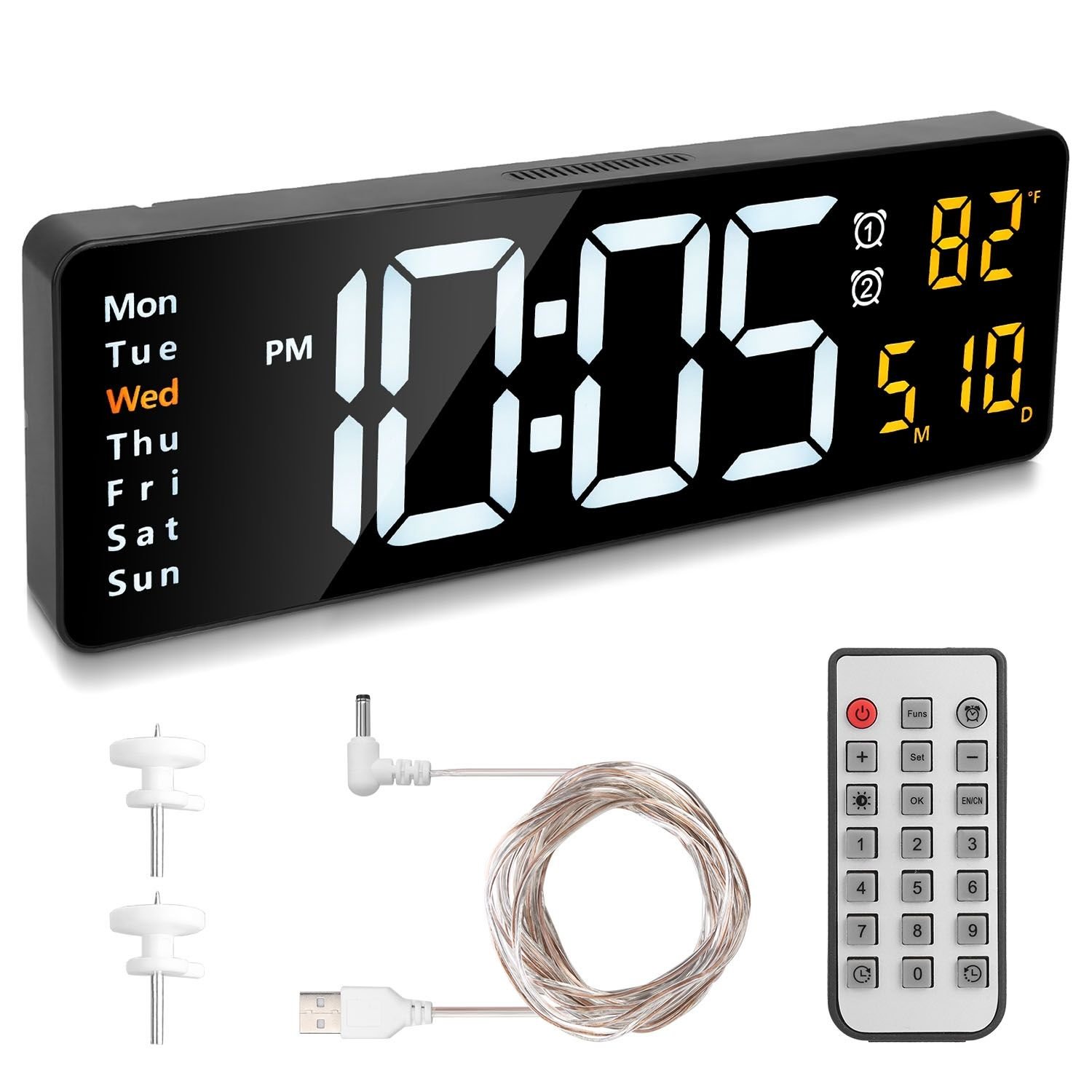 15.7in LED Digital Wall Clock with Remote Control 10 Level Brightness 3 Alarm Settings 12/24Hr Format Timing Countdown Temperature Calendar Displ 15.7in LED Digital Wall Clock with Remote Control 10 Level Brightness 3 Alarm Settings 12/24Hr Format Timing Countdown Temperature Calendar Displ