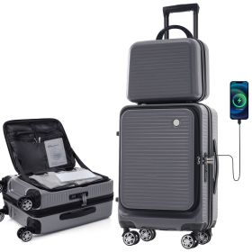 Carry-on Luggage 20 Inch Front Open Luggage Lightweight Suitcase with Front Pocket and USB Port, 1 Portable Carrying Case (Color: as Pic)