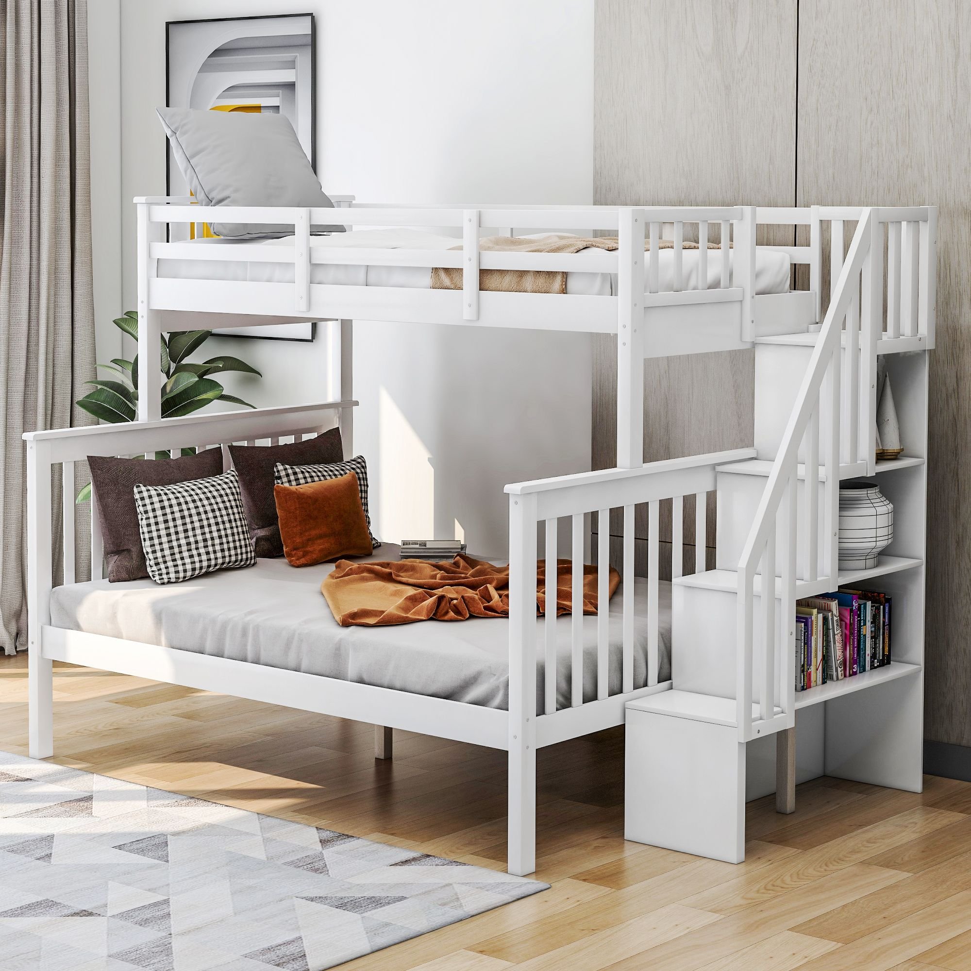 Stairway Twin-Over-Full Bunk Bed with Storage and Guard Rail for Bedroom Stairway Twin-Over-Full Bunk Bed with Storage and Guard Rail for Bedroom