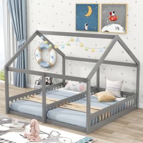 Twin Size House Platform Beds; Two Shared Beds (Color: Gray)