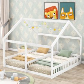 Twin Size House Platform Beds; Two Shared Beds (Color: White)