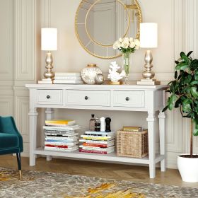 Classic Retro Style Console Table with Three Top Drawers and Open Style Bottom Shelf,Easy Assembly (Material: Solid Wood, Color: Antique White)