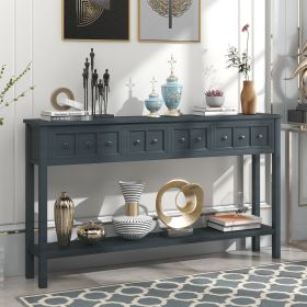 Rustic Entryway Console Table,60" Long Sofa Table with two Different Size Drawers and Bottom Shelf for Storage (Material: Solid Wood, Color: Navy)